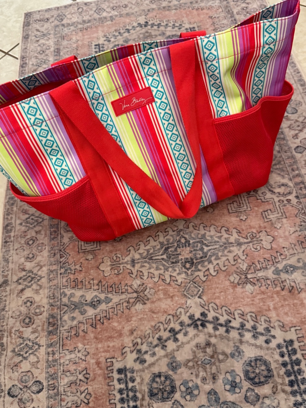 Vera Bradley Red Multi-Color Striped Tote with Side Pockets